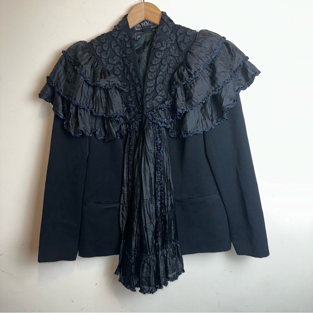 VTG Anya Hindmarch 10 Black Wool Ruffle Tassel Button Up Victorian Style Jacket - Picture 2 of 13
